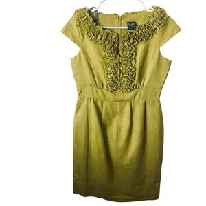 Taylor Linen Olive Green Ruffle Midi short sleeve size 4 lined dress